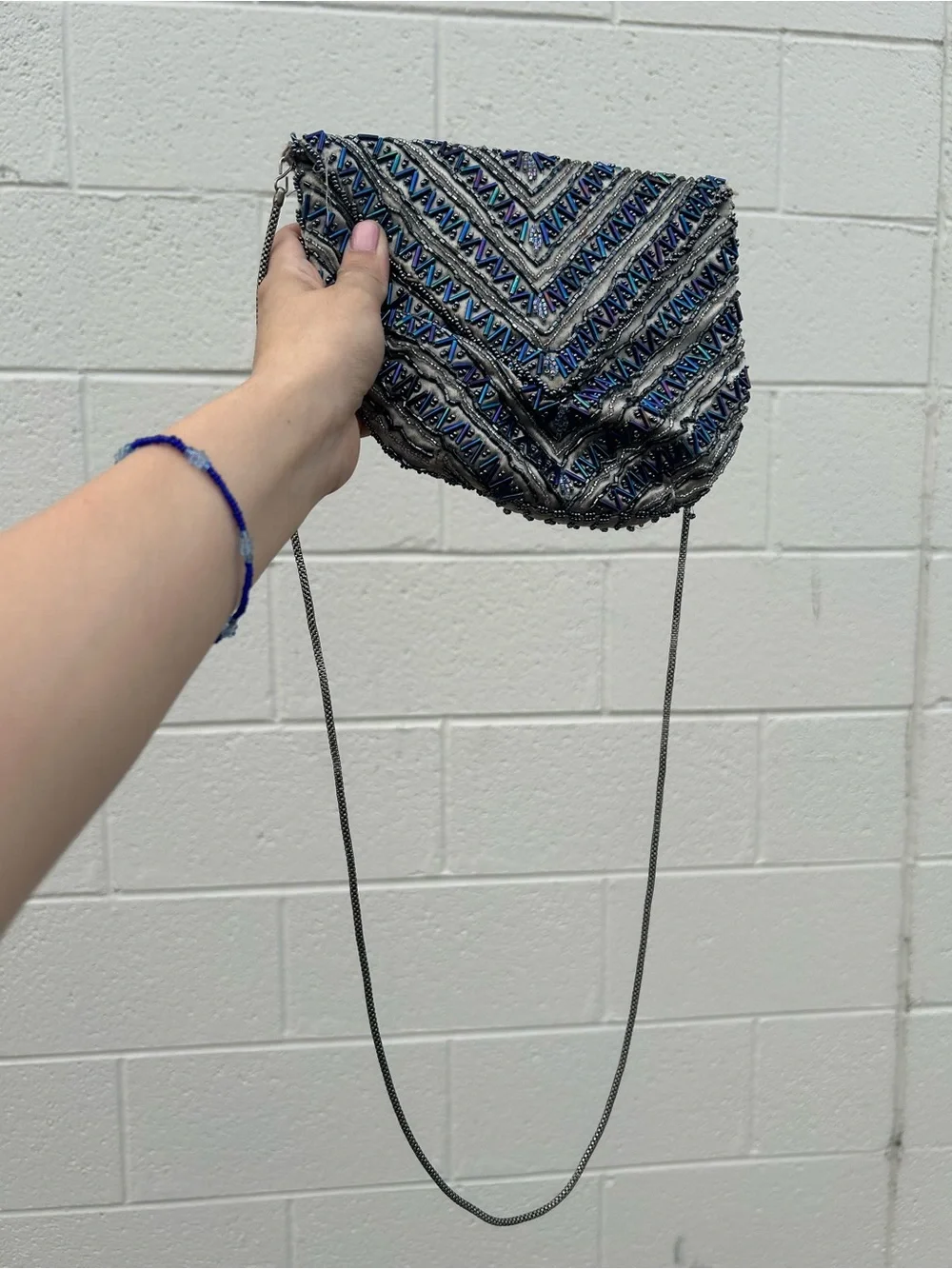 Vintage Embellished Sequins Multi Colored Navy Beaded Crossbody Bag